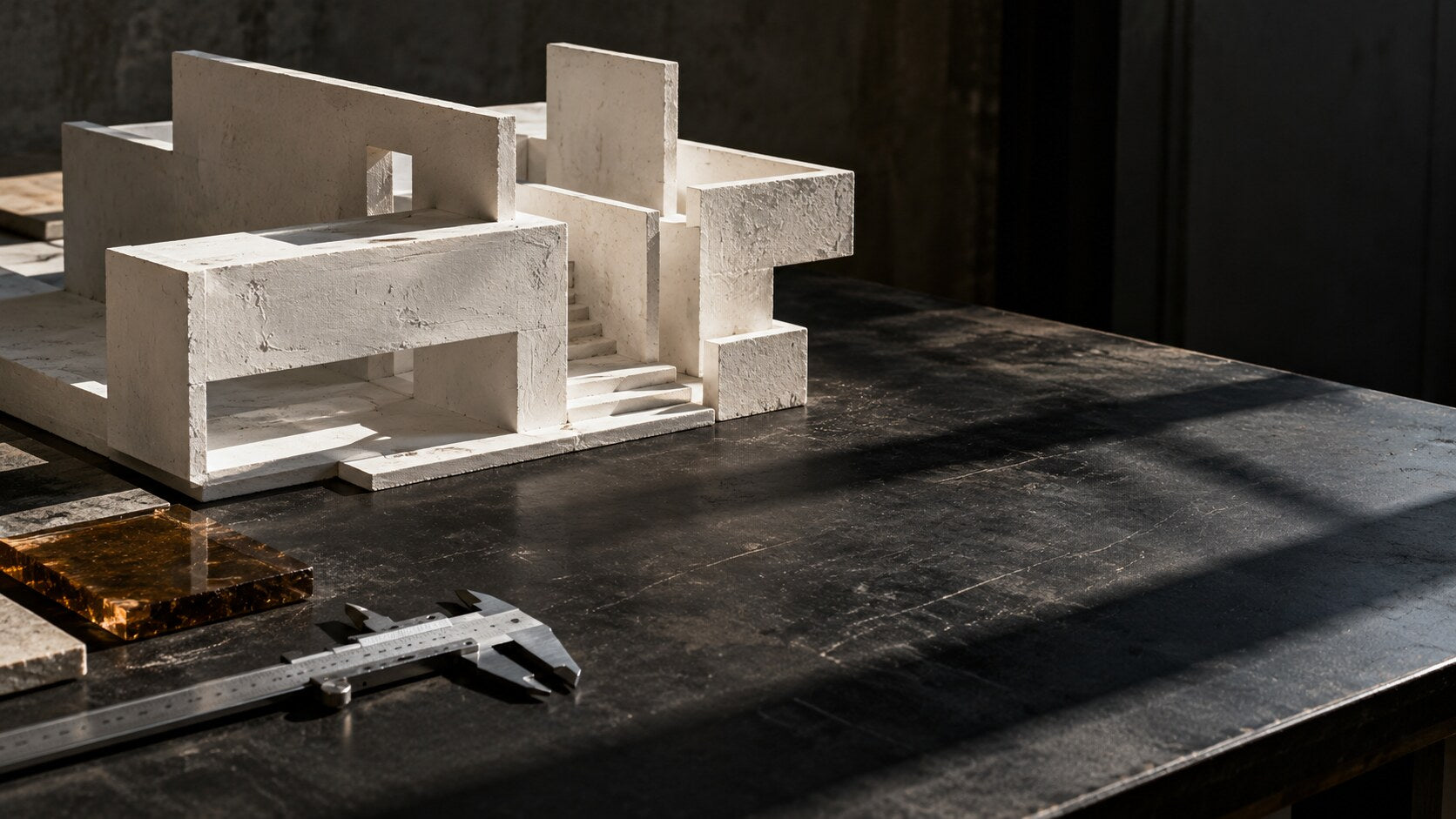 White plaster architectural model on a dark drafting table