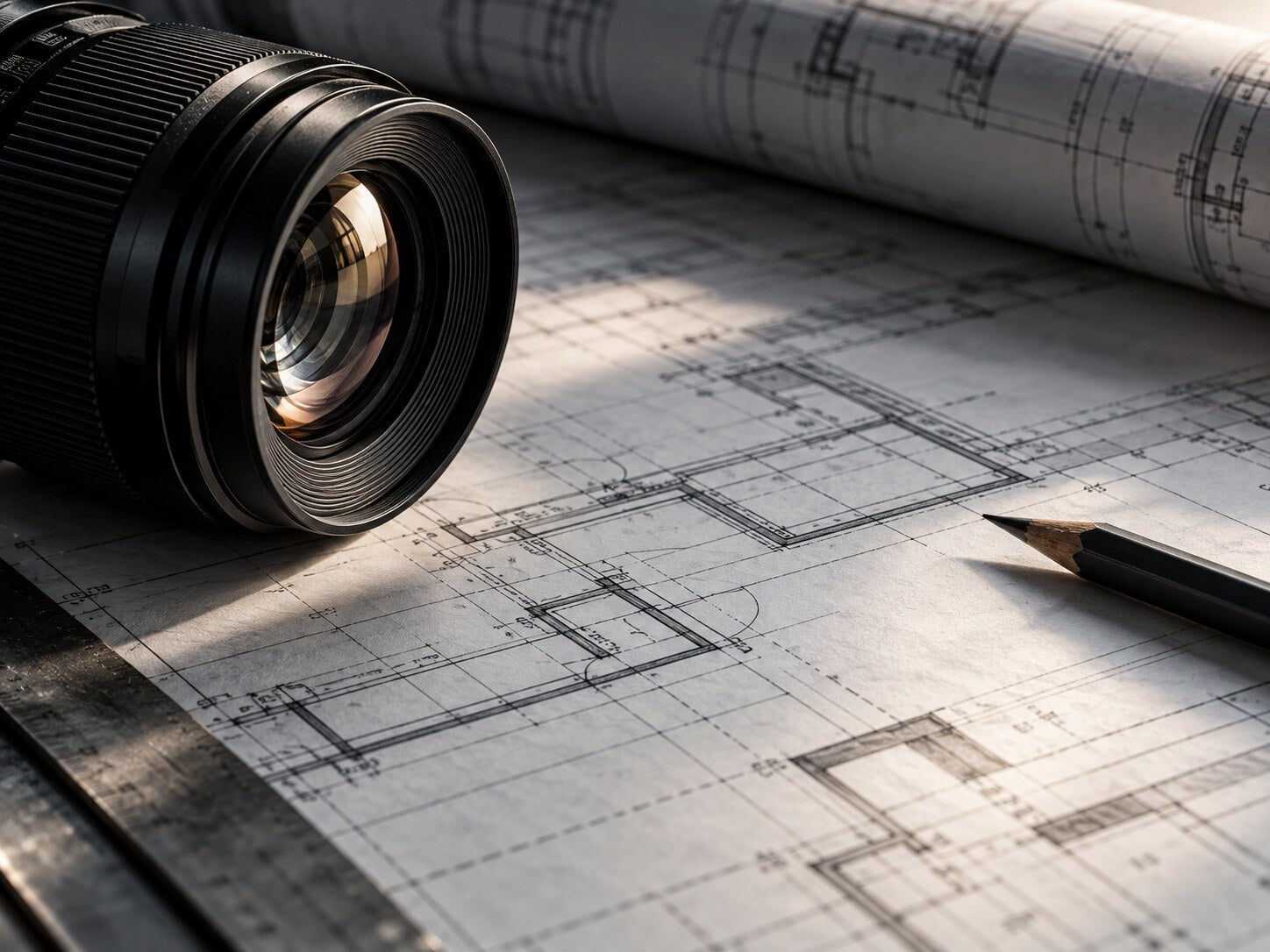 Precision camera lens on an architectural workflow drawing