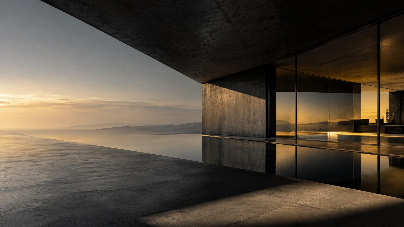 Glass and concrete architecture illuminated by geometric light