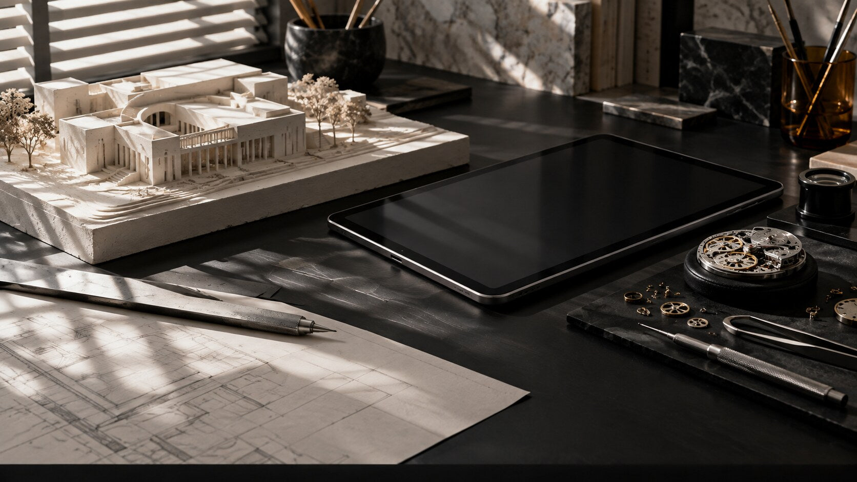 Architectural model, tablet, and chronograph component on a drafting table