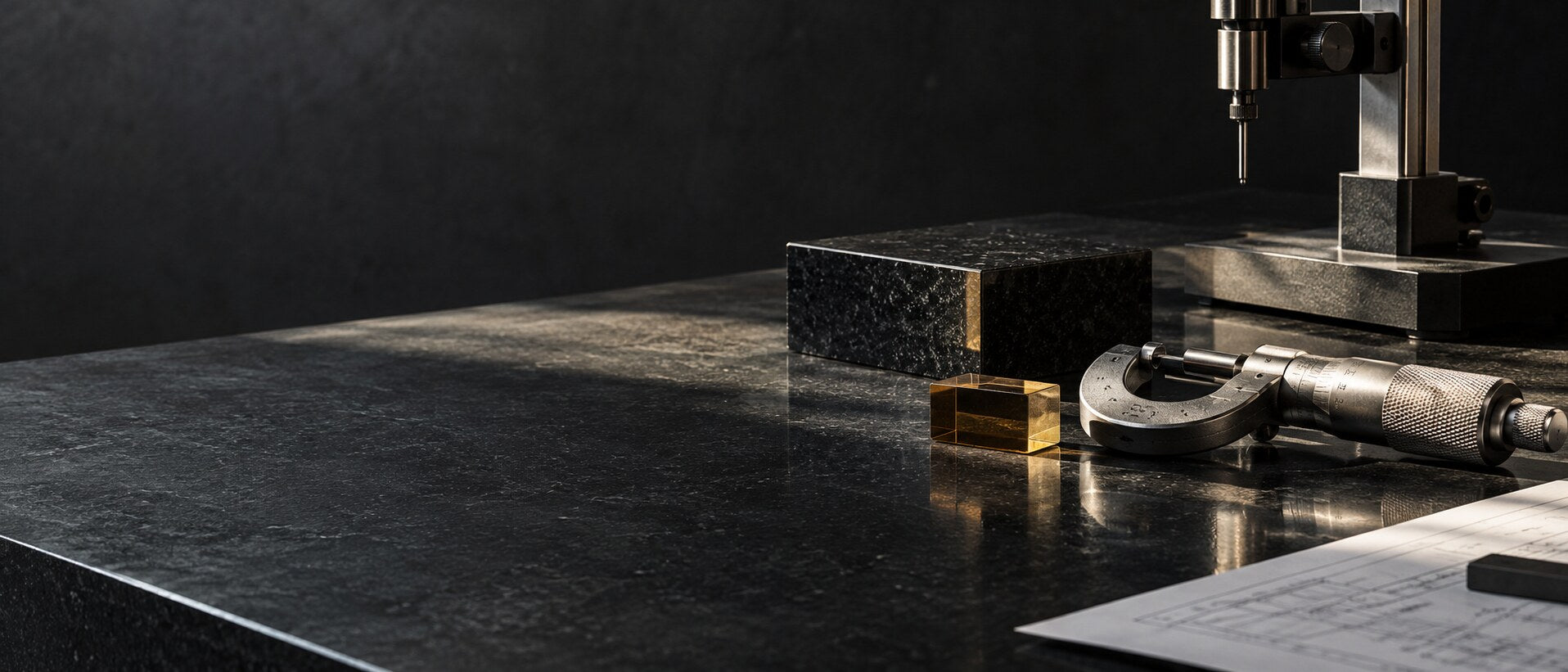 Precision calibration instruments on a black stone workbench
